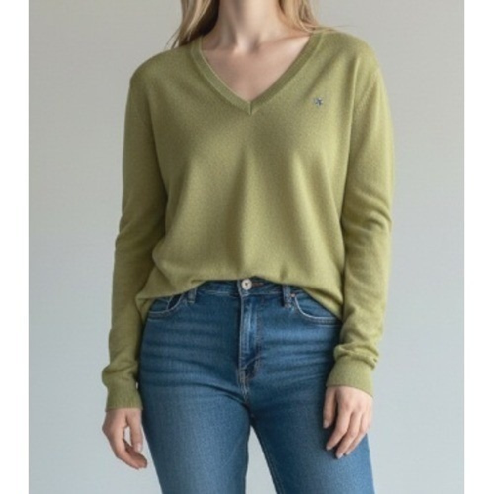 Barbour V-Neck Pullover Sweater Womens 14 Green Cotton Knit Preppy Lightweight